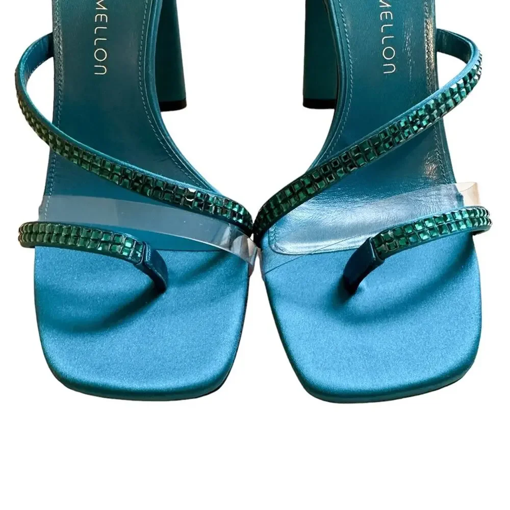 Tamara Mellon High Stakes 100 Toe Loop Blue Green Crystal High Heel Sandals 37.5